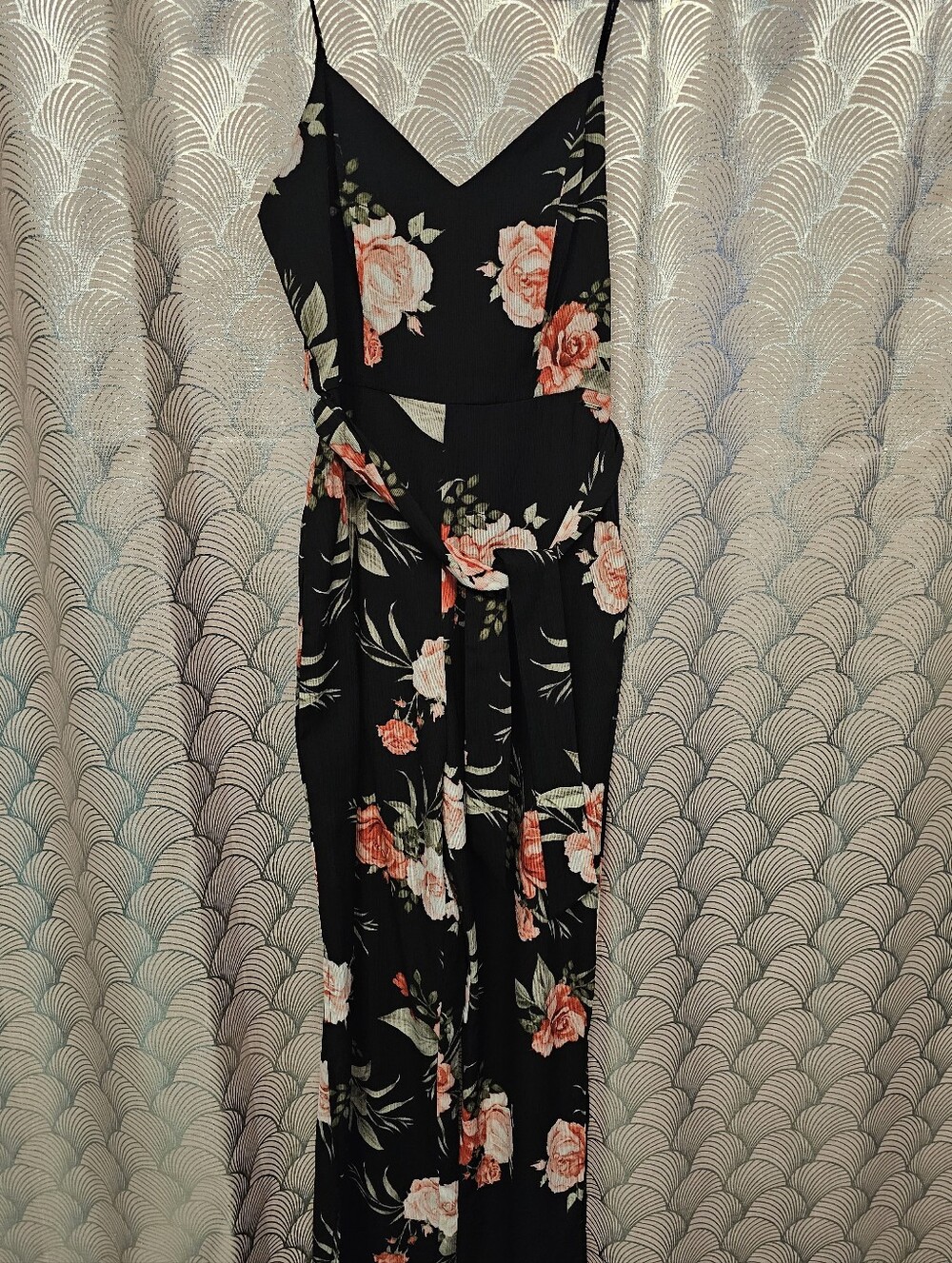 Floral Black V-Neck Jumpsuit with Tie Waist And Flare Open Pant Legs Size Xs